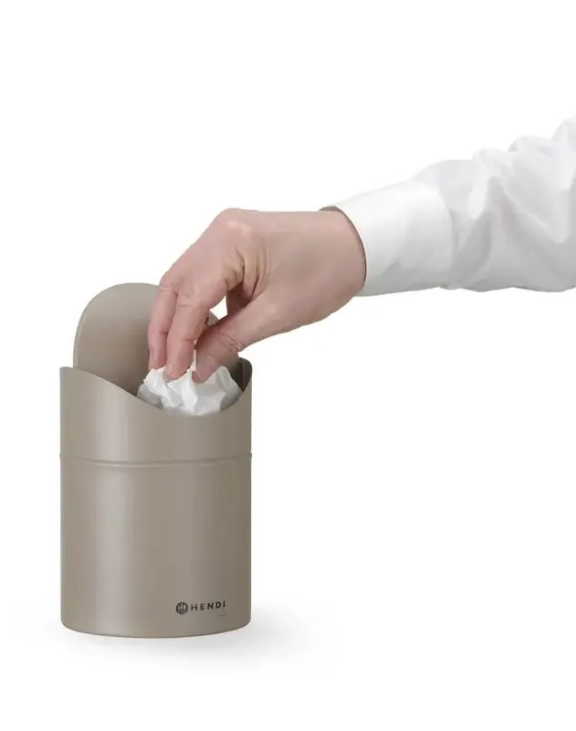Stolní odpadkový koš s výklopným víkem, 1,2 l, béžový, prům. 12 x V 16,5 cm HENDI 440797 (mm) Koupit Online