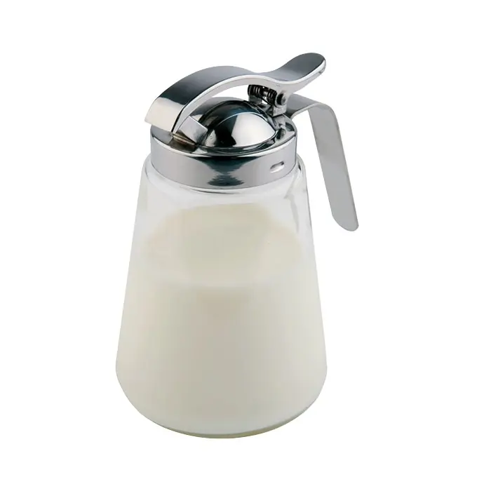 Zlevněný dávkovač na smetanu pr. 8,5 cm výška 13,5 cm 300 ml sklo, víčko nerez