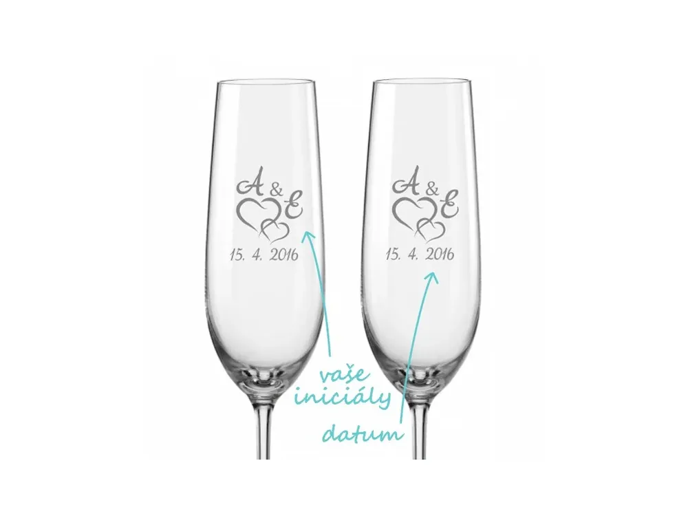 Finální Výprodej Svatební skleničky na sekt Spojená srdce s monogramy 2 ks