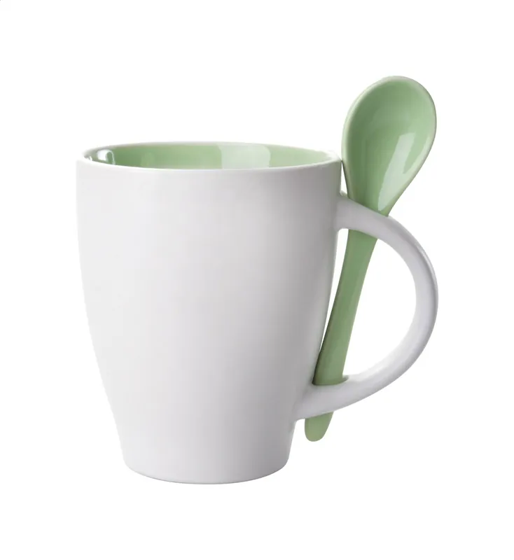 Vrácení Zdarma Keramický hrnek SPOON s barevným vnitřkem a lžičkou, 300 ml - zelená / bílá