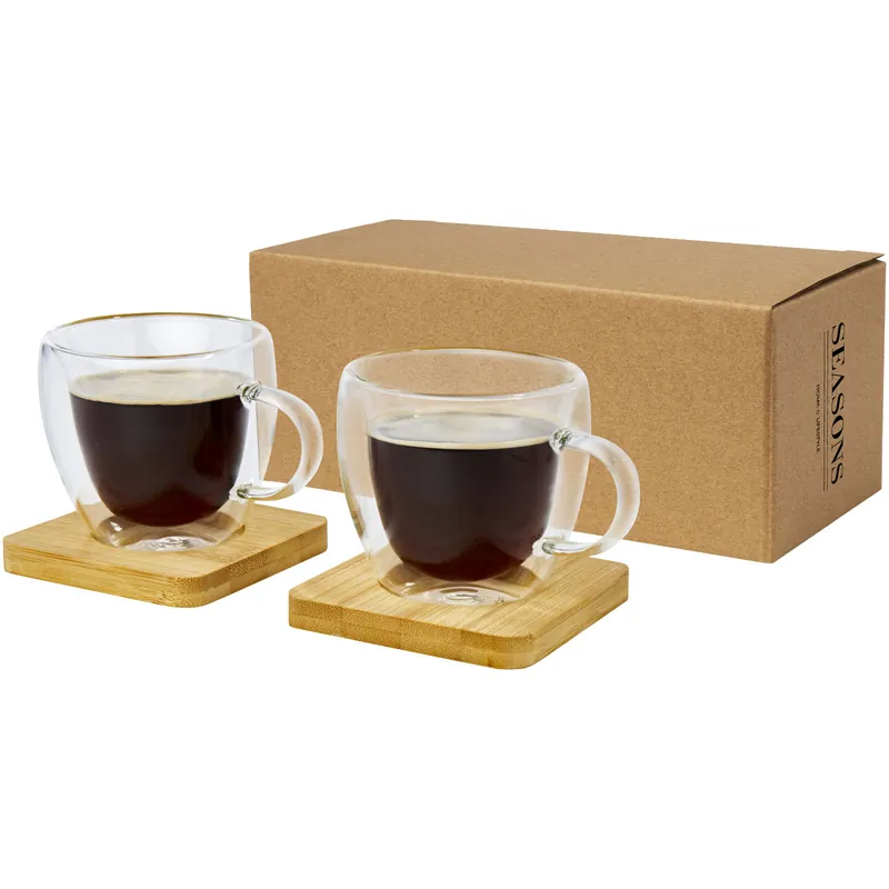 Sada 2 skleněných šálků s dvojitou stěnou a bambusovým podšálkem MANTI, 100 ml - transparent / natural Víkendová Akce