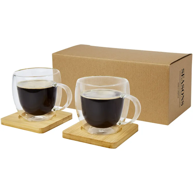 Omezená Nabídka Sada 2 skleněných šálků s dvojitou stěnou a bambusovým podšálkem MANTI, 250 ml - transparent / natural