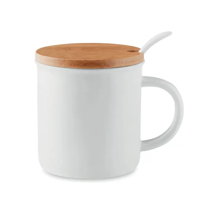 Jen Po Omezenou Doba Porcelánový hrnek se lžičkou NOVEL a bambusovým víčkem, 380 ml - bílá
