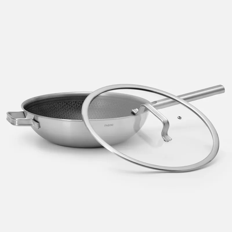 Wok pánev Hybrid Standard, ø 30 cm - Nerezová beznýtová pánev s keramickým hybridním povrchem z vícevrstvé nerezové oceli s poklicí Omezená Nabídka