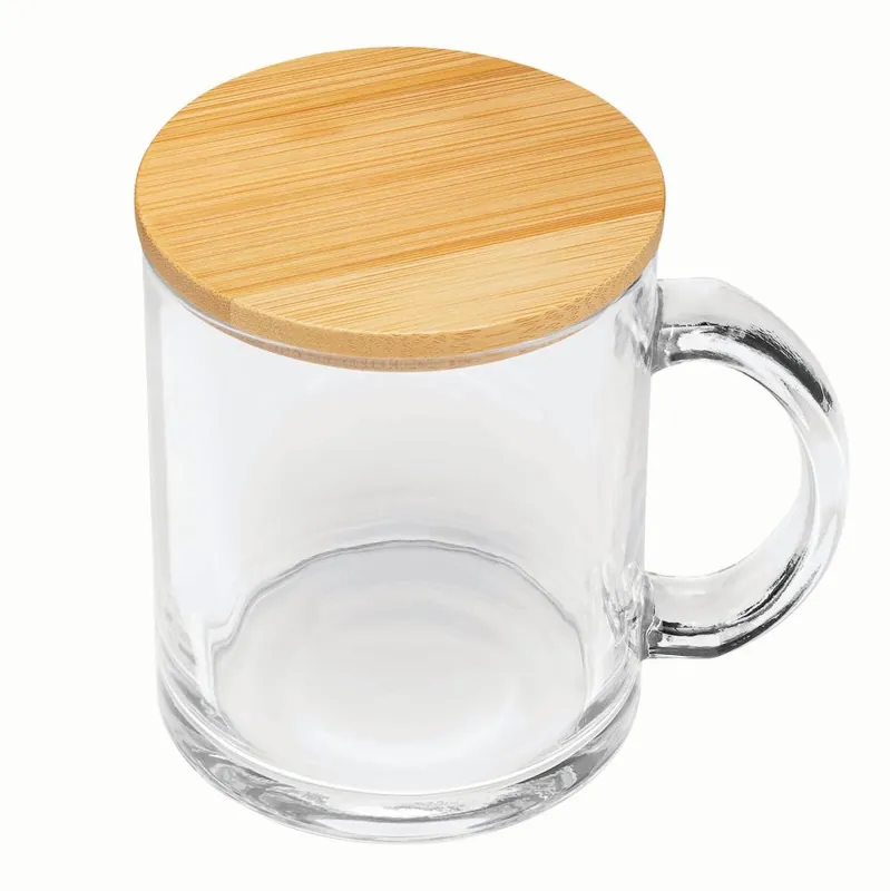 Skleněný hrnek s uchem a bambusovým víčkem, 330ml Časově Omezené