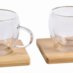 Výprodej AVENA Sada dvou skleněných dvoustěnných šálků s bambusovými podtácky, 100 ml