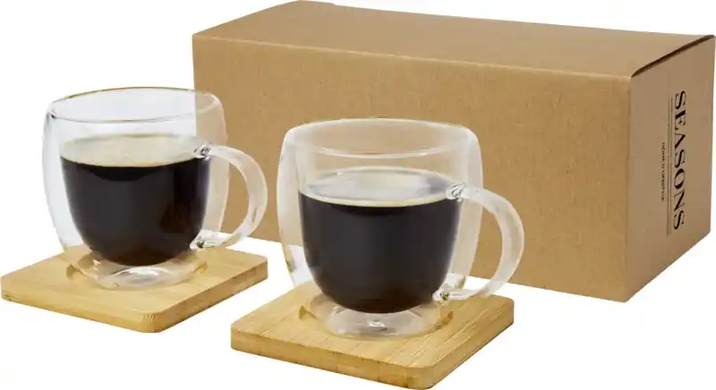 SAVANA Sada dvou skleněných hrnků dvoustěnných s bambusovými podtácky, 250 ml Cenová Bomba